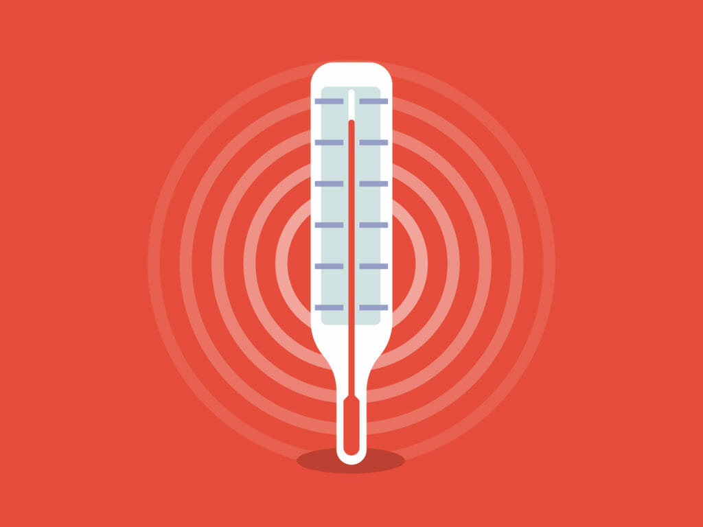 An illustration of a thermometer with a high temperature reading on a red background.